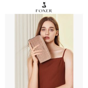 FOXER Ví da thật ví khóa kéo dài cho nữ ví đựng thẻ tín dụng đơn giản và phong cách
